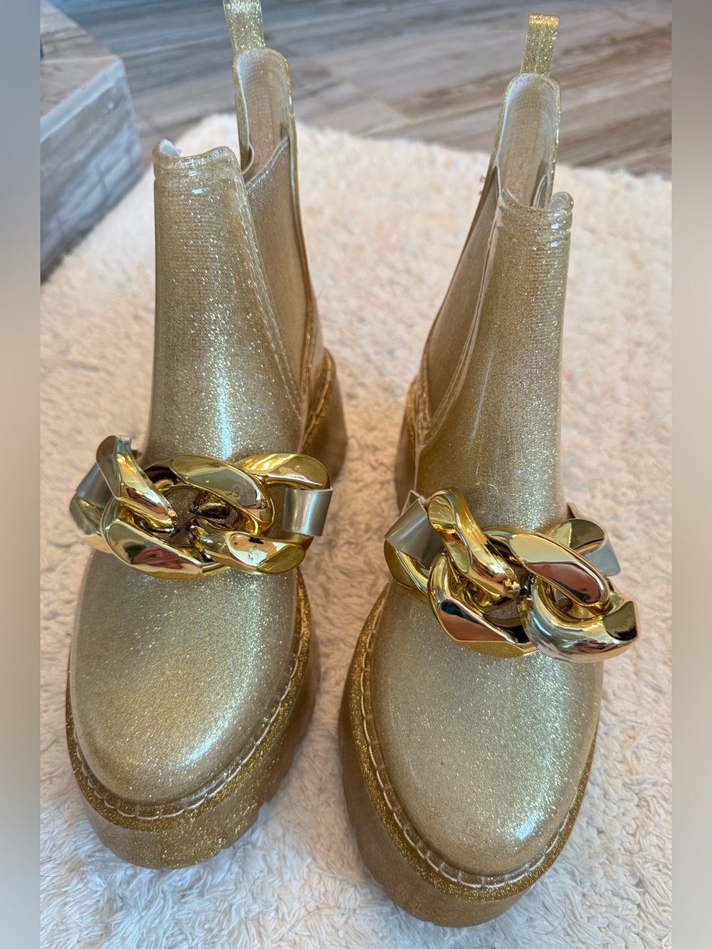 ASOS Gold Glitter Chelsea Rain Boots with Oversized Chain